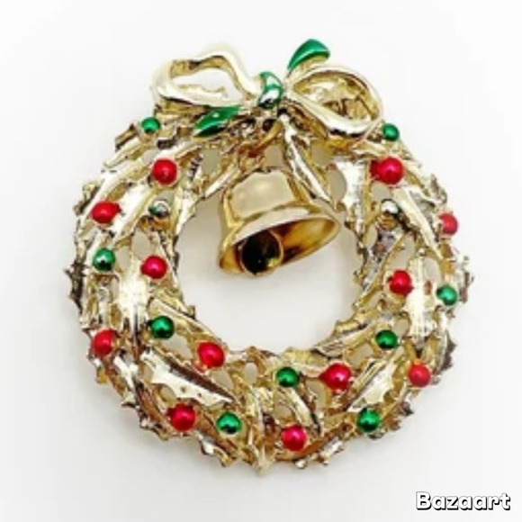 Vtg Gold Tone Christmas Wreath Brooch Moving Bell Red and Green Enamel - Picture 3 of 3